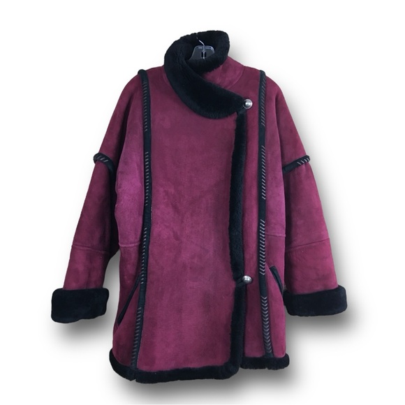 Spolek Luxury Real Lamb Shearling Coat Burgundy/Black Shawl Collar Jacket Sz L - Picture 5 of 11